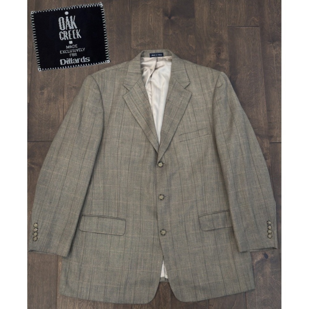 Oak Creek Men's Windowpane Blazer Suit‎ Jacket Size 44L Wool/Silk Blend 3-Button